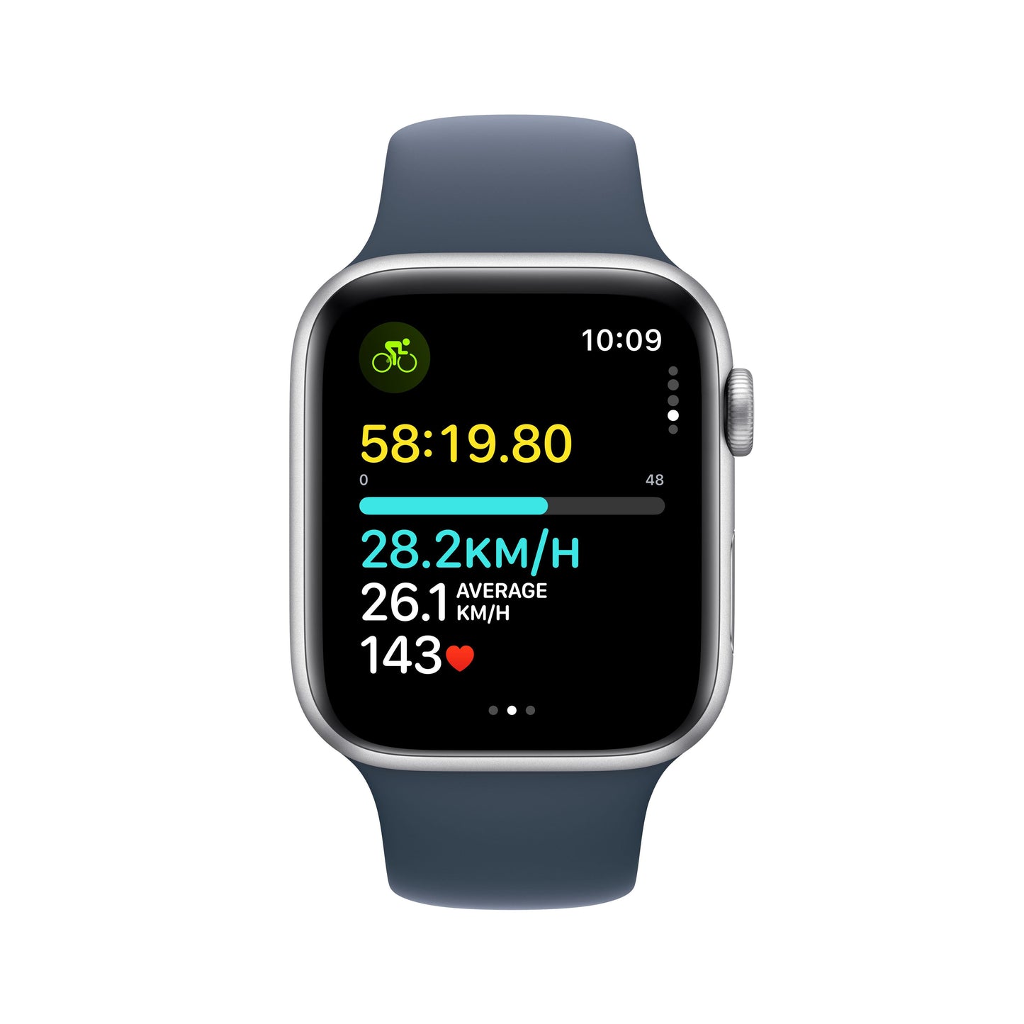 2023 Apple Watch SE GPS + Cellular 44mm Silver Aluminium Case with Storm Blue Sport Band - S/M