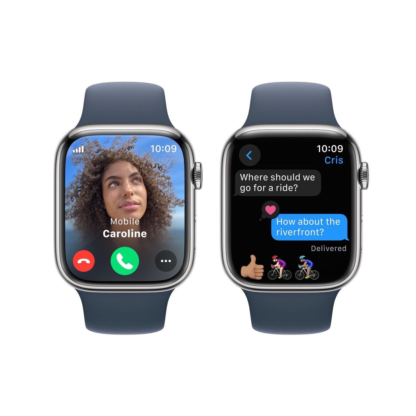 Apple Watch Series 9 GPS + Cellular 45mm Silver Stainless Steel Case with Storm Blue Sport Band - M/L
